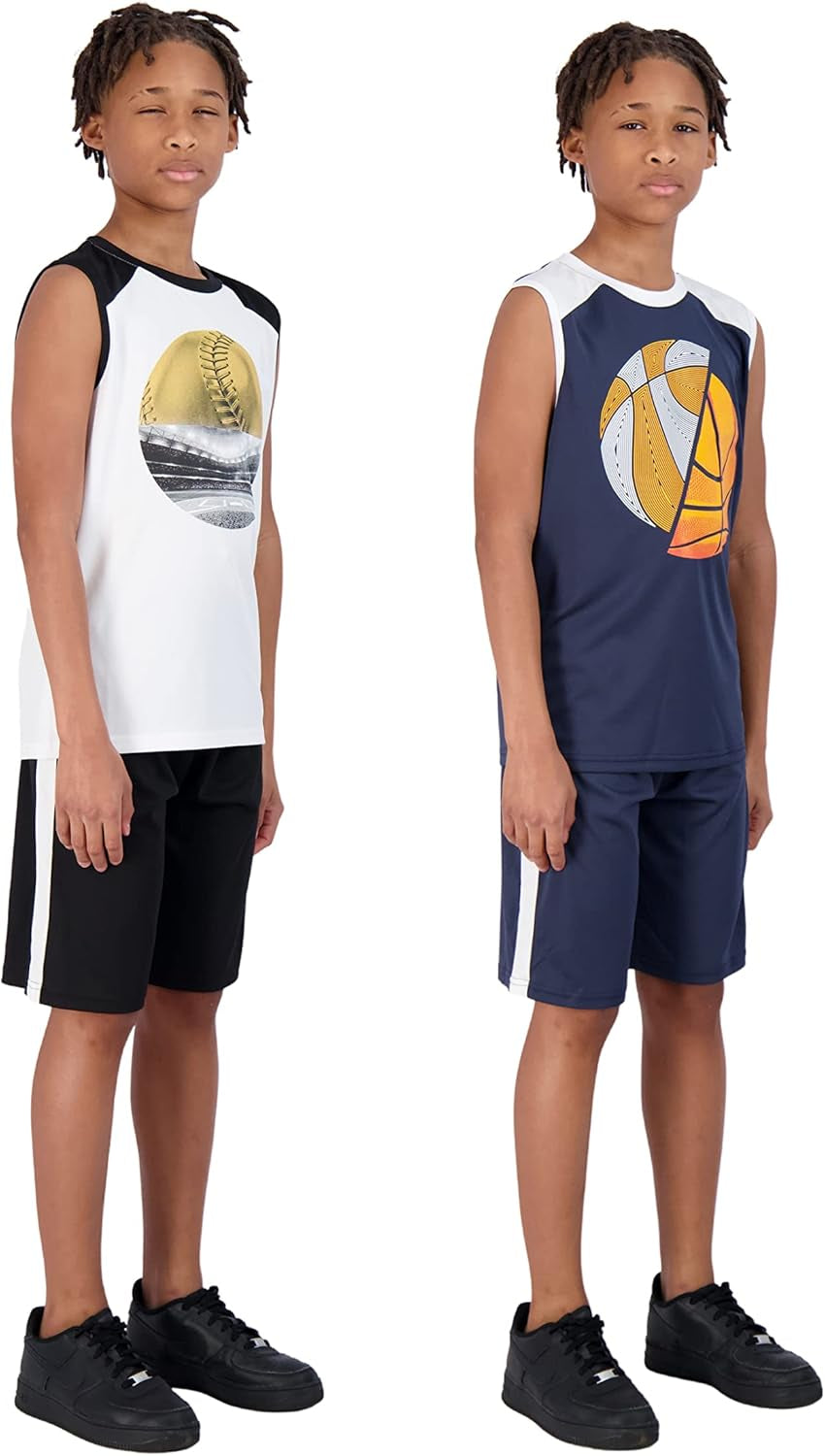 4-Piece Boys Basketball Shorts and Muscle Athletic Shirt Tank Top Jersey