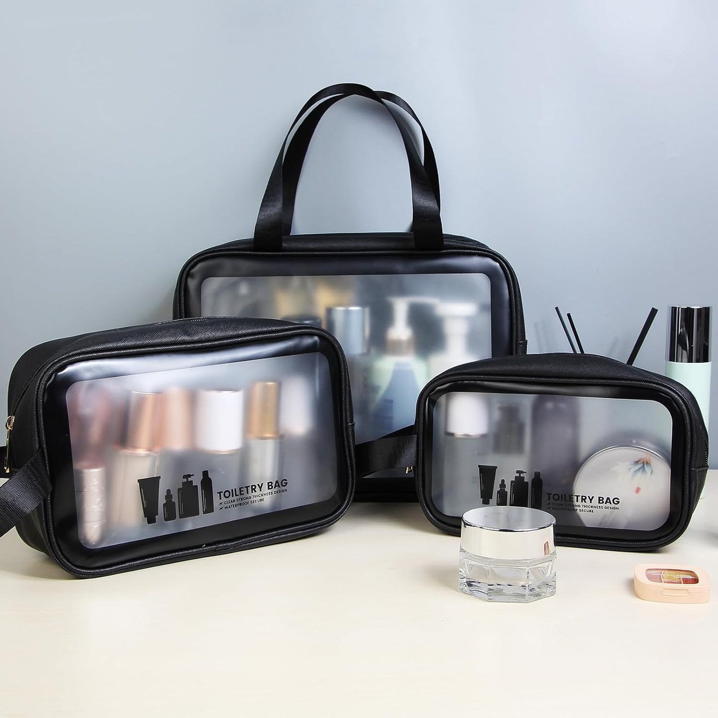 Toiletry Bag 3 PCS Clear Travel Toiletries Bag Wash Bag Translucent PVC Waterproof Makeup Bag with Zipper Toiletry Bags for Women Men(Black)