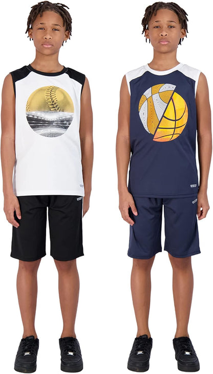 4-Piece Boys Basketball Shorts and Muscle Athletic Shirt Tank Top Jersey
