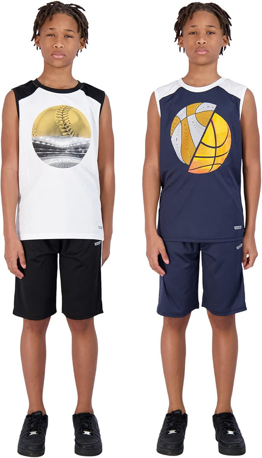4-Piece Boys Basketball Shorts and Muscle Athletic Shirt Tank Top Jersey