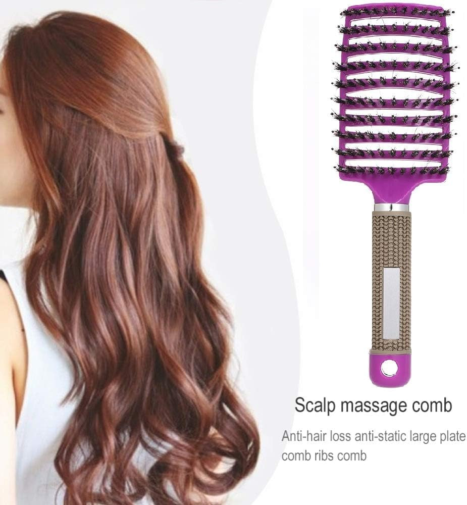 Boar Bristle Hair Brush Set – Curved and Vented Detangling Hair Brush (Purple)