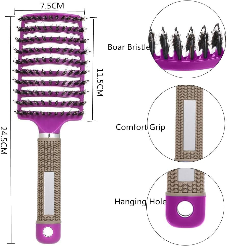 Boar Bristle Hair Brush Set – Curved and Vented Detangling Hair Brush (Purple)