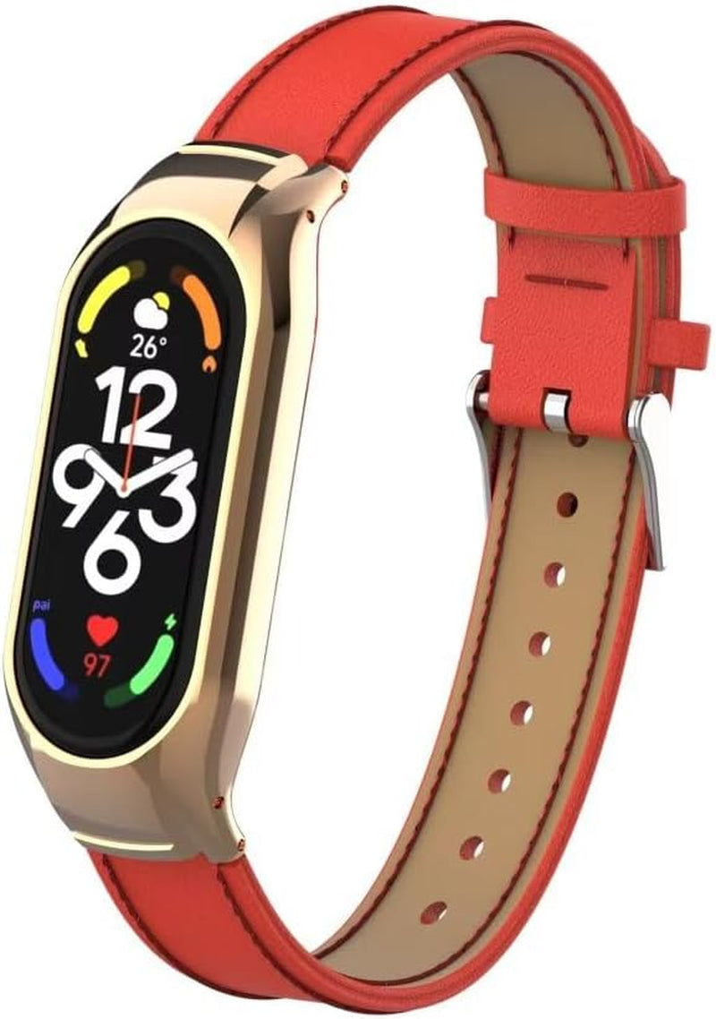 Compatible with Xiaomi Mi Band 7 Strap,Leather Replacement Band Wristband Accessories with Metal Frame for Xiaomi Mi Band 7 Smart Bracelet