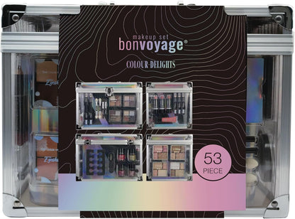 , 53-Piece Makeup Kit with Lipstick, Eyeshadows, Blush, Manicure and Pedicure Set and More, Portable and Lightweight Transparent Case, Colour Delights