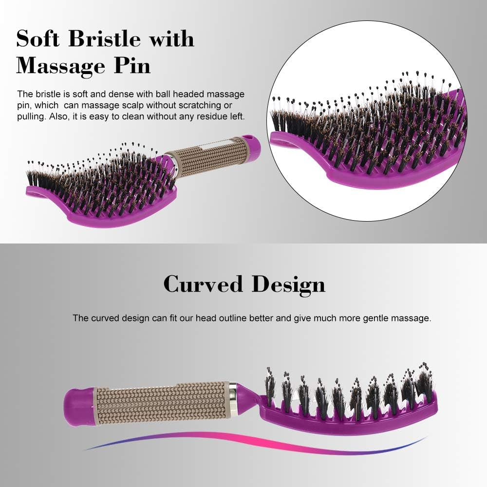 Boar Bristle Hair Brush Set – Curved and Vented Detangling Hair Brush (Purple)