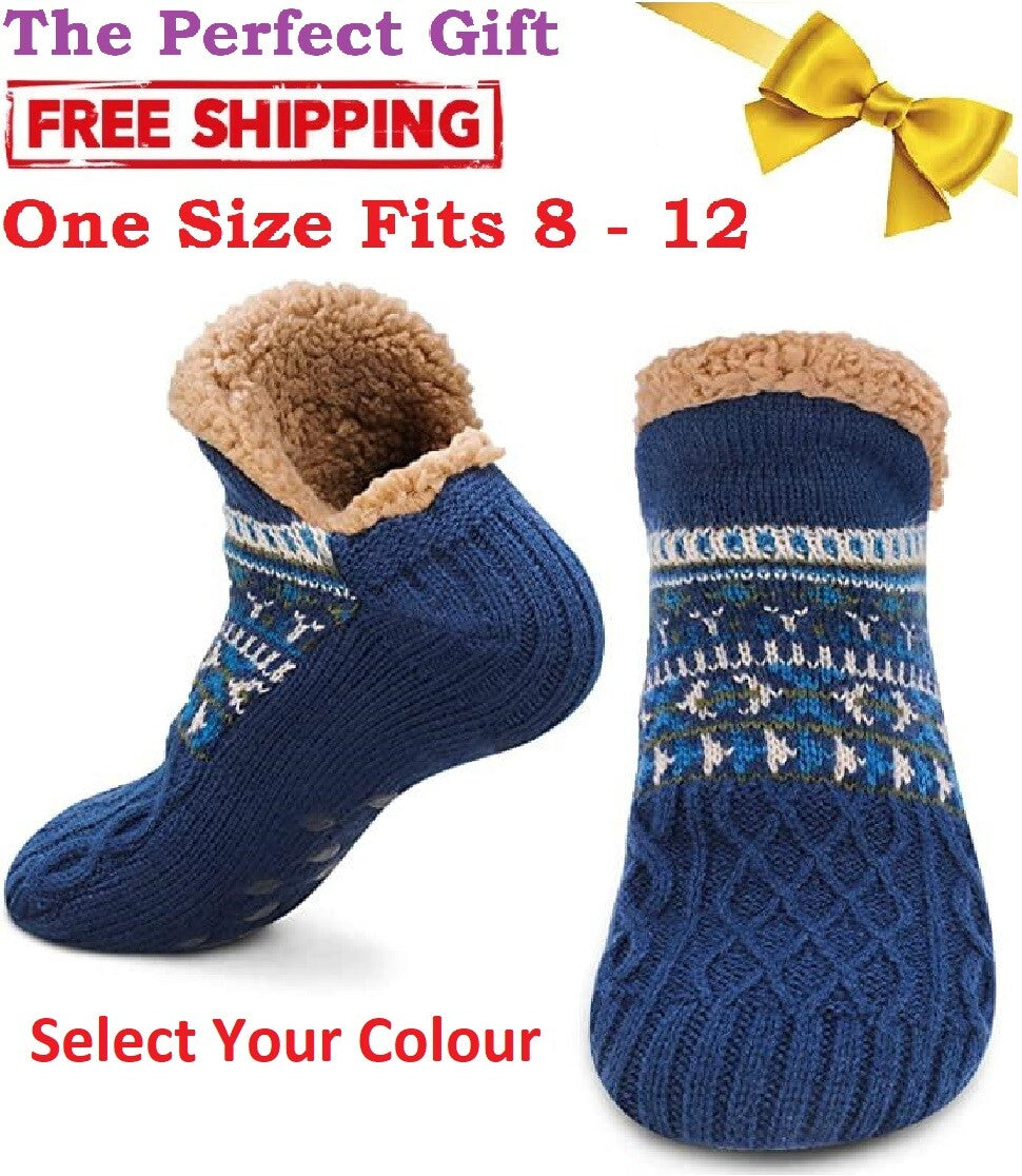 Slipper Fluffy Socks Warm Non Slip Knitted Diabetic Sock Blue Grey Men Women UK