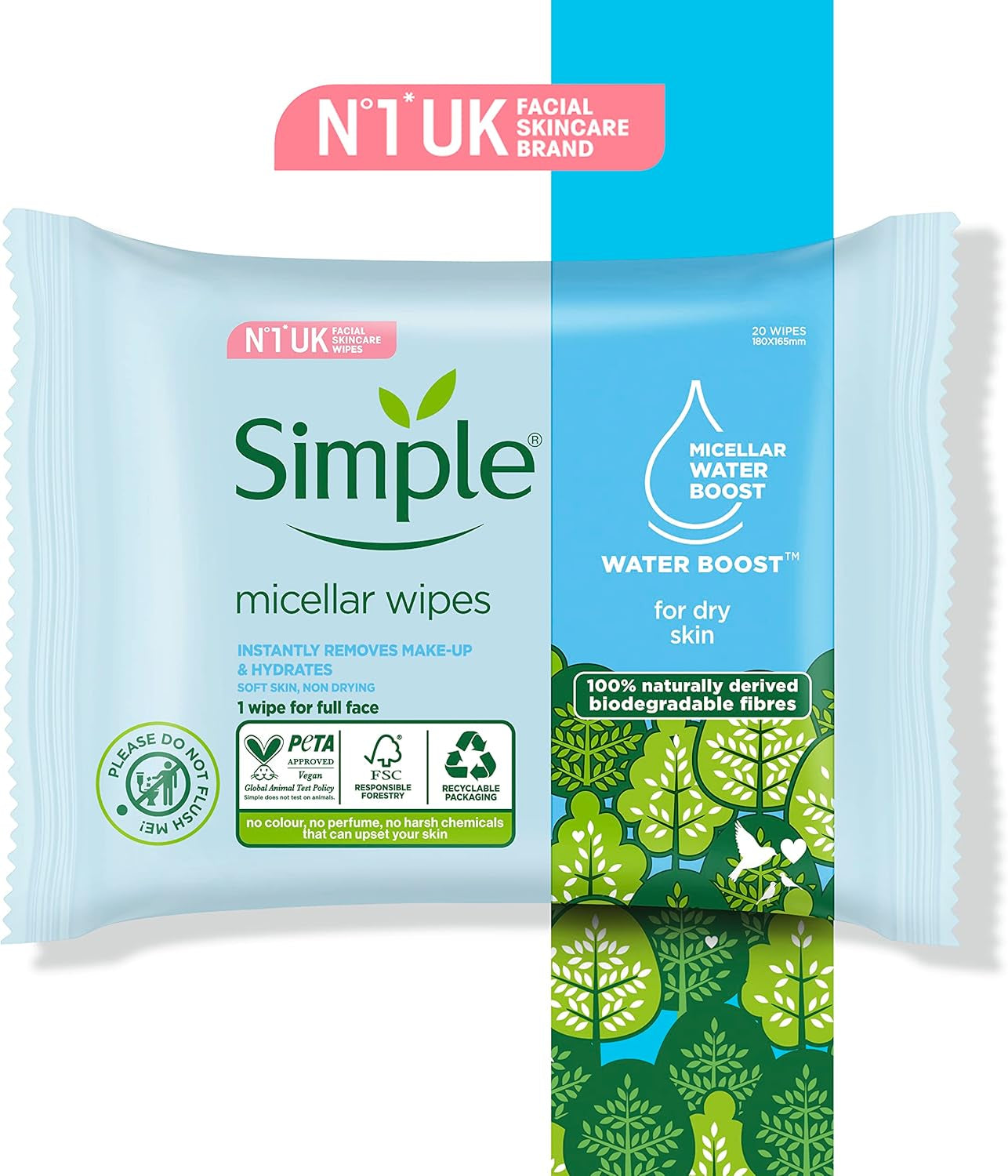 Kind to Skin Hypoallergenic Micellar Biodegradable Cleansing Wipes for Sensitive Skin 20 Wipes (Pack of 3)