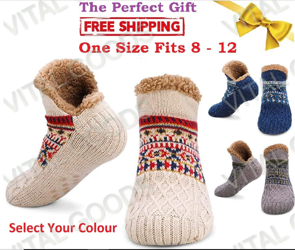 Slipper Fluffy Socks Warm Non Slip Knitted Diabetic Sock Blue Grey Men Women UK