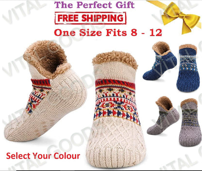 Slipper Fluffy Socks Warm Non Slip Knitted Diabetic Sock Blue Grey Men Women UK