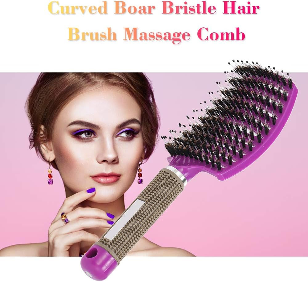 Boar Bristle Hair Brush Set – Curved and Vented Detangling Hair Brush (Purple)