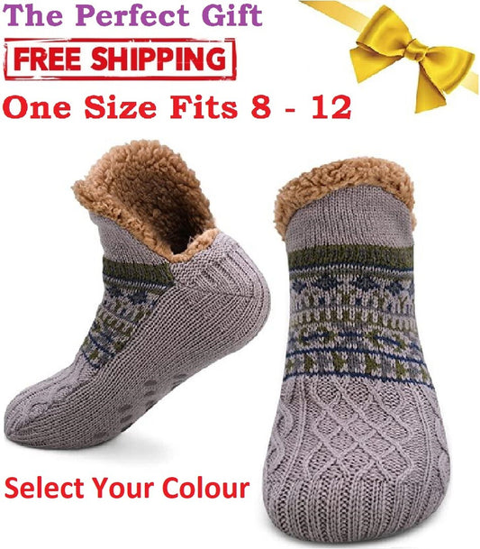 Slipper Fluffy Socks Warm Non Slip Knitted Diabetic Sock Blue Grey Men Women UK