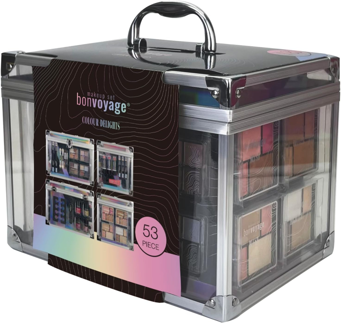 , 53-Piece Makeup Kit with Lipstick, Eyeshadows, Blush, Manicure and Pedicure Set and More, Portable and Lightweight Transparent Case, Colour Delights