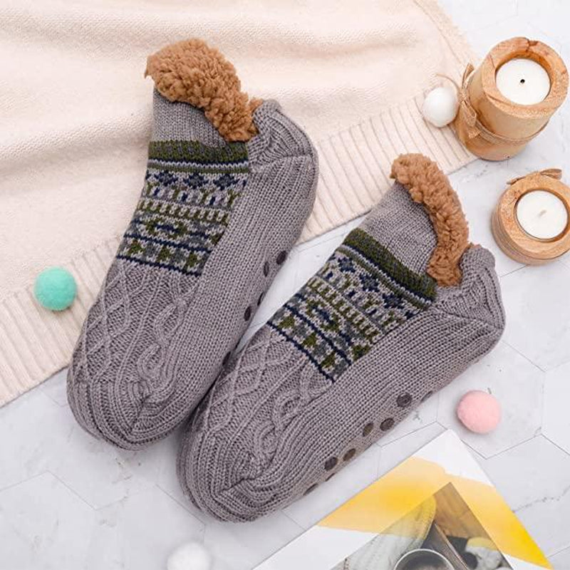Slipper Fluffy Socks Warm Non Slip Knitted Diabetic Sock Blue Grey Men Women UK