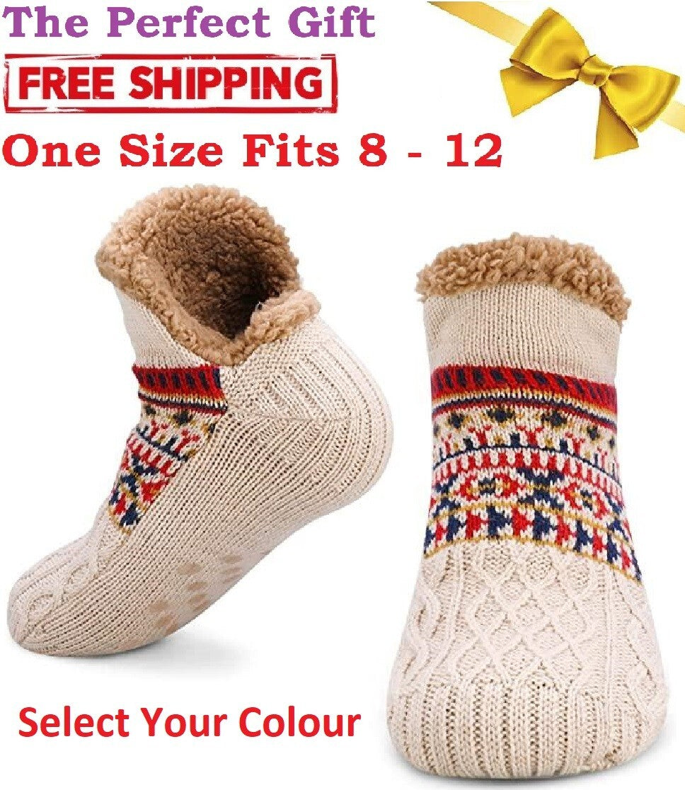 Slipper Fluffy Socks Warm Non Slip Knitted Diabetic Sock Blue Grey Men Women UK