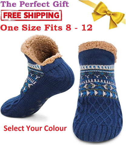 Slipper Fluffy Socks Warm Non Slip Knitted Diabetic Sock Blue Grey Men Women UK